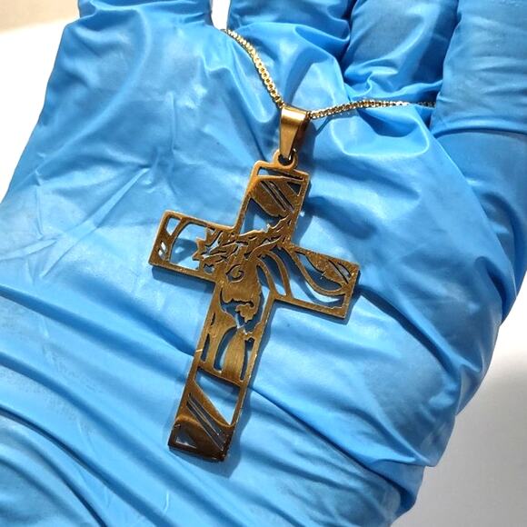 18k Gold Plated Necklace w/ Crown of Thorns Cross Pendant Christian Valentines